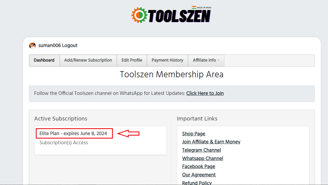 ToolsZen user dashboard